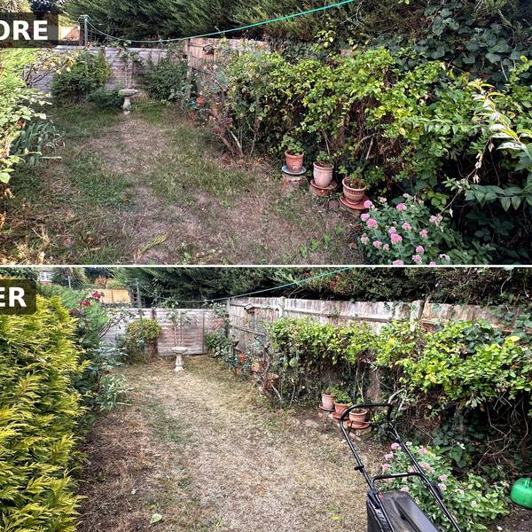 Before and after: overgrown garden tidied and mowed